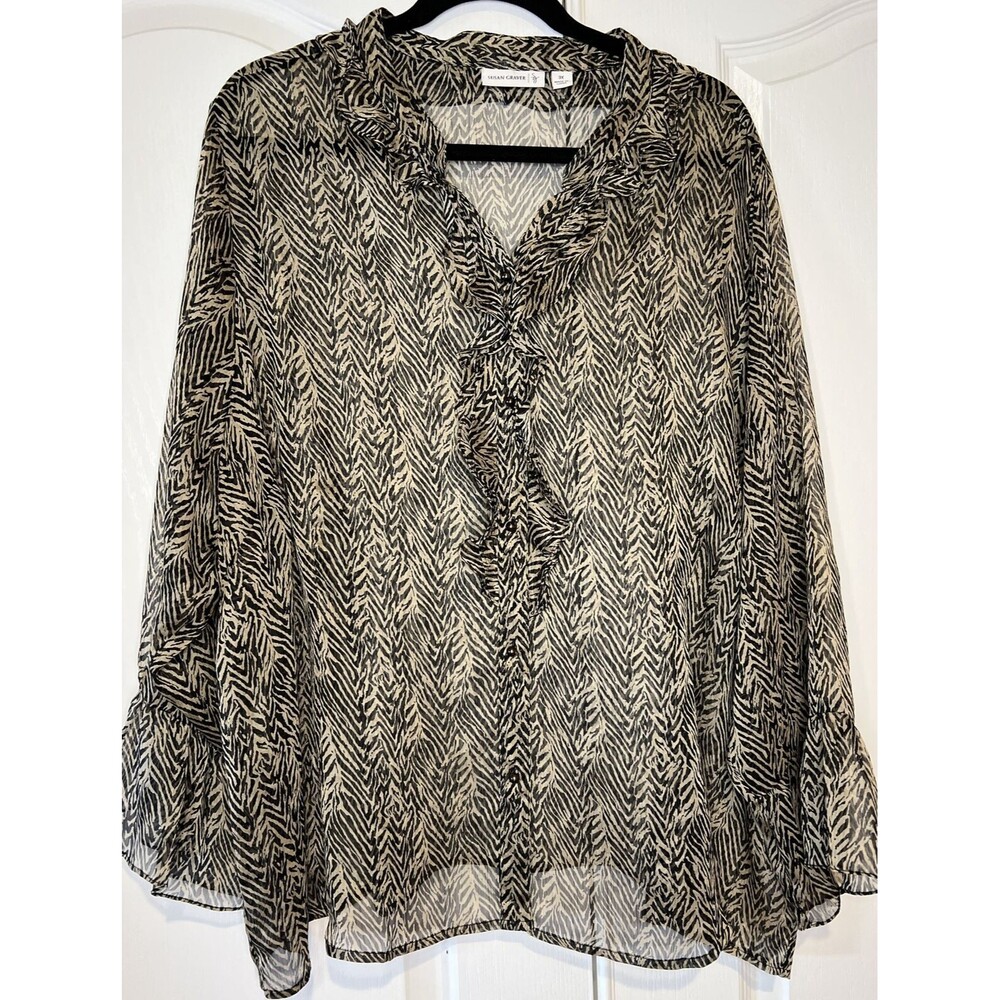 SUSAN GRAVER Blouse Womens 2X plus Geometric Long Sleeve Sheer Tan Black Ruffle